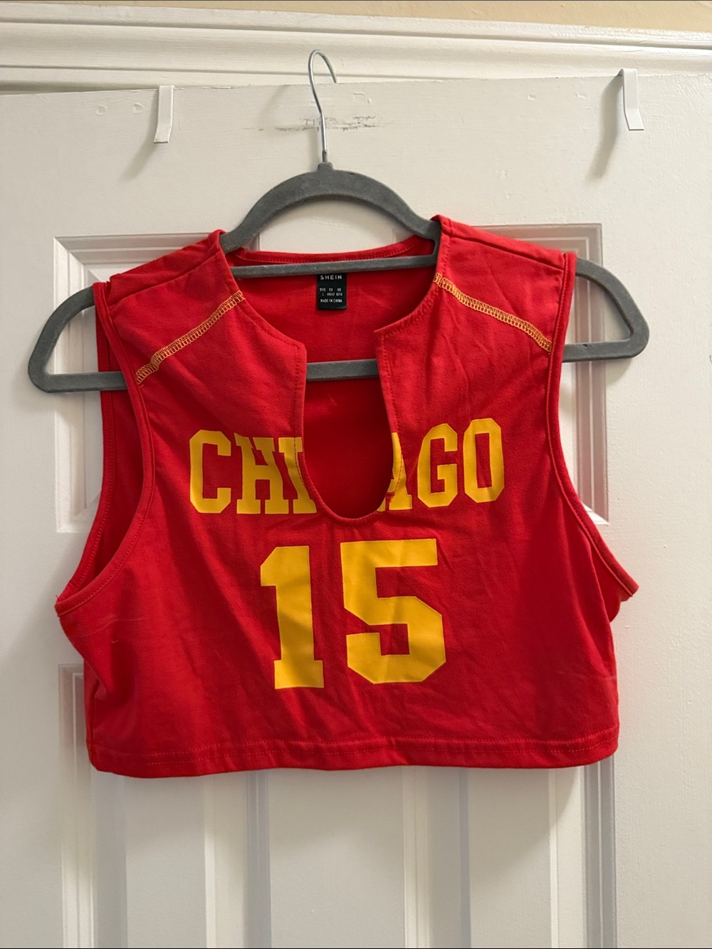SHEIN Red Cropped Tank Top with Yellow 'Chicago 15' Print